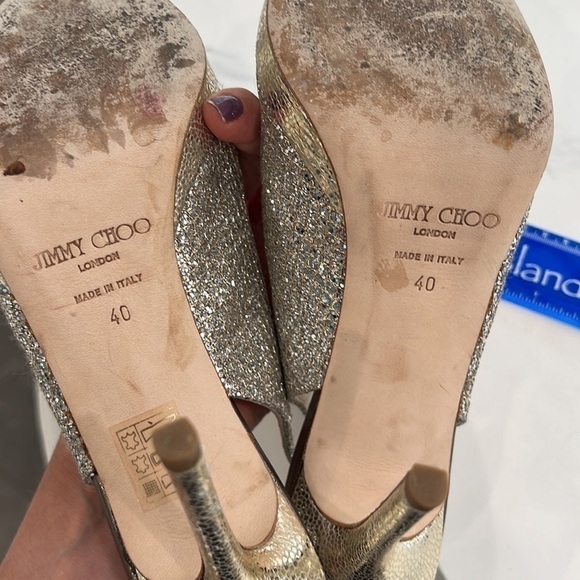JIMMY CHOO SILVER SEQUIN EVENING PLATFORM SLINGBACK OPEN TOE HEELS SIZE 40 (9) - Picture 8 of 12
